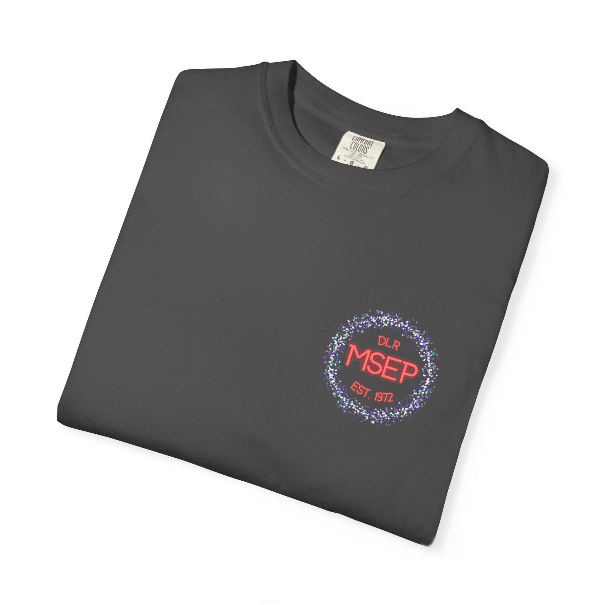Folded dark gray t-shirt with a logo on a white background