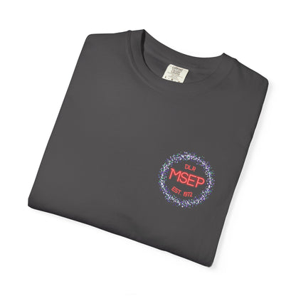 Folded dark gray t-shirt with a logo on a white background