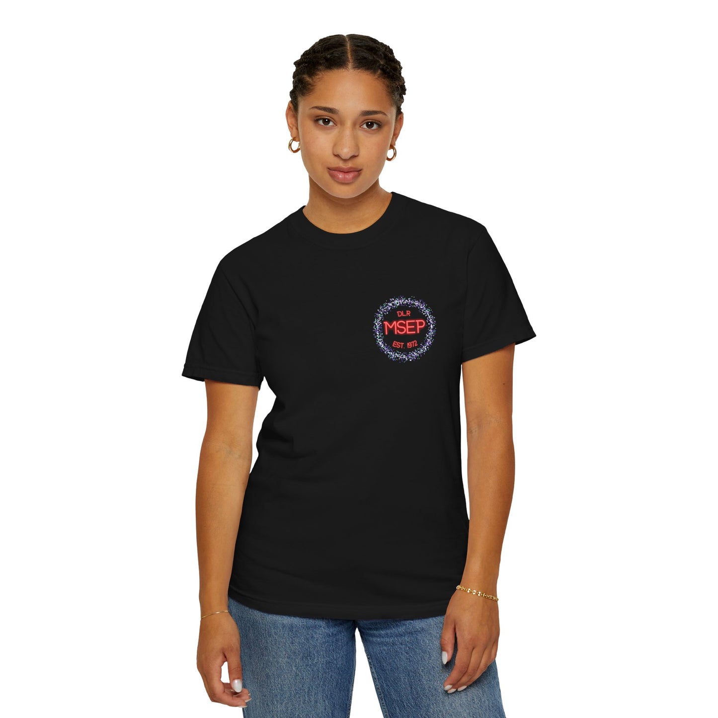 Person wearing a black t-shirt with a MSEP logo on a white background