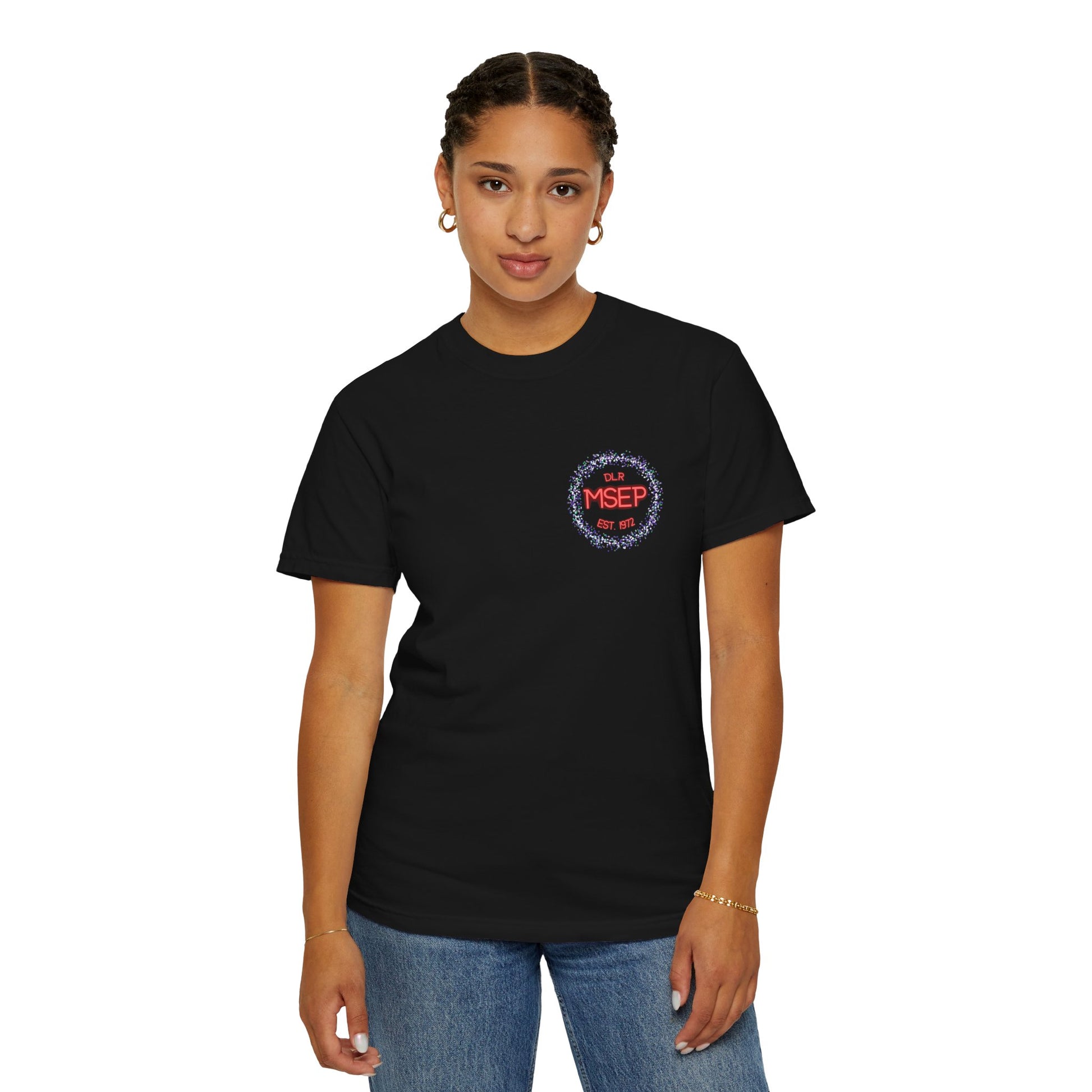 Person wearing a black t-shirt with a MSEP logo on a white background