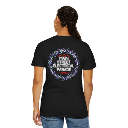 Person wearing a black t-shirt with 'Main Street Electrical Parade' design on the back, on a white background