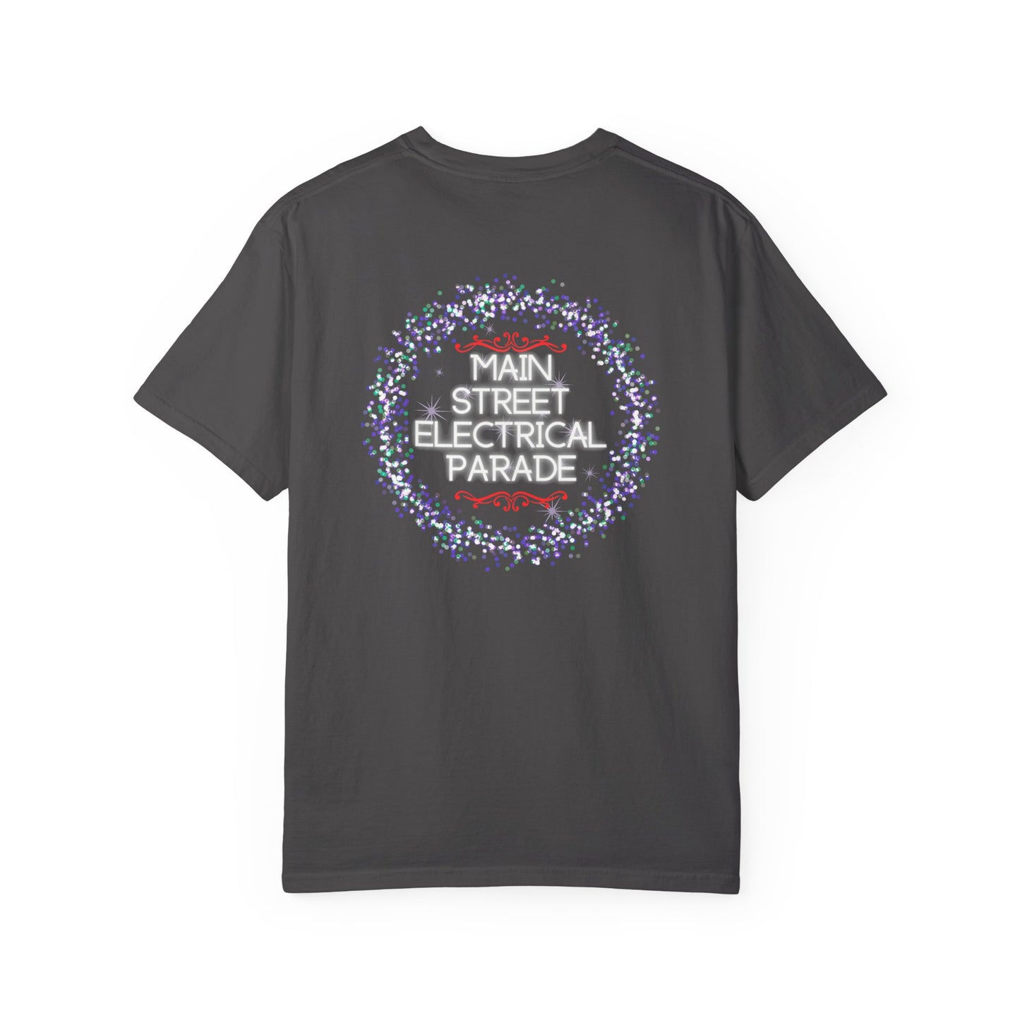 graphite t-shirt with 'Main Street Electrical Parade' design on the back against a white background