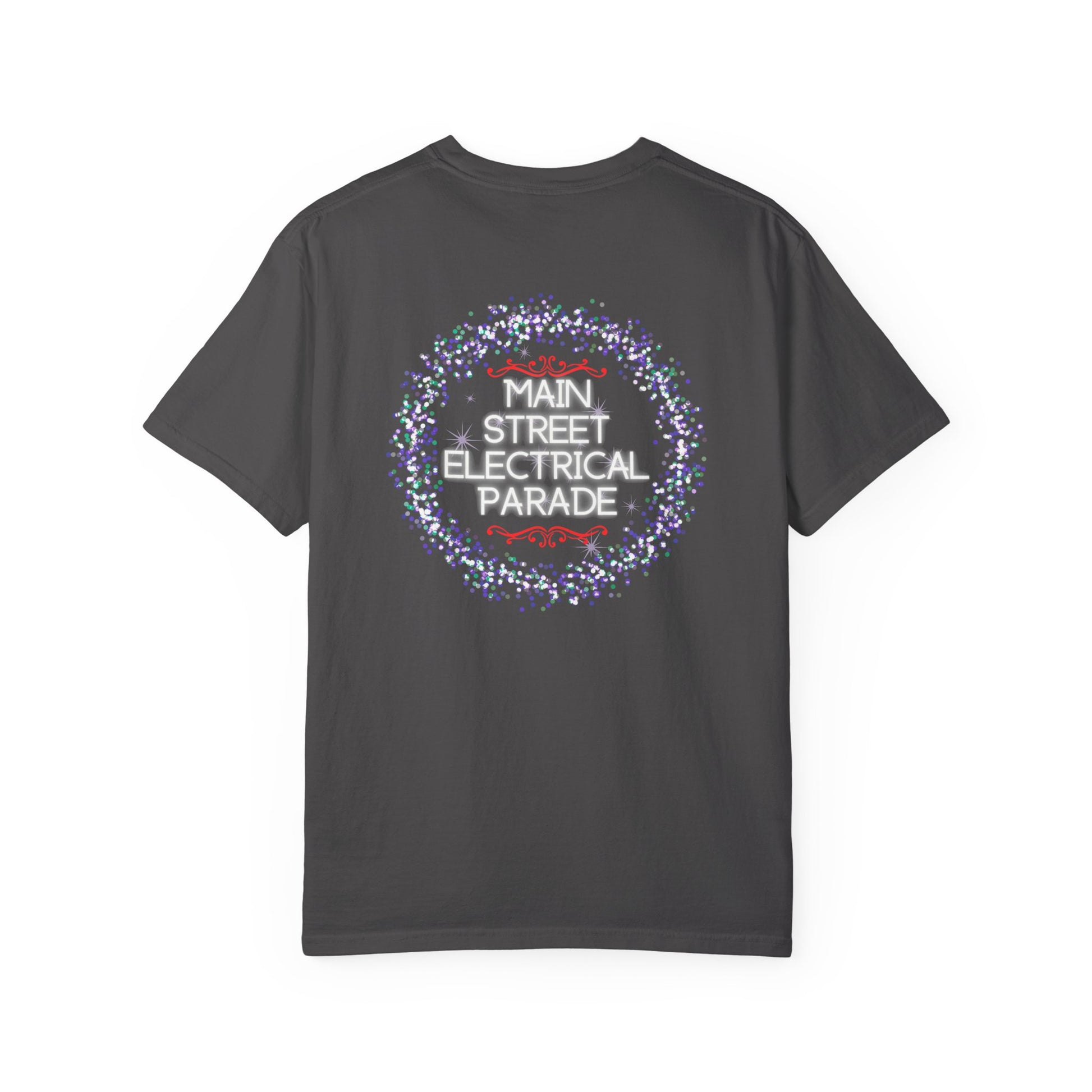 graphite t-shirt with 'Main Street Electrical Parade' design on the back against a white background