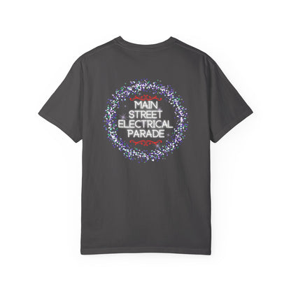 graphite t-shirt with 'Main Street Electrical Parade' design on the back against a white background