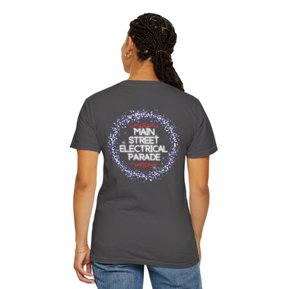 Person wearing a dark gray t-shirt with 'Main Street Electrical Parade' design on the back, on a white background.