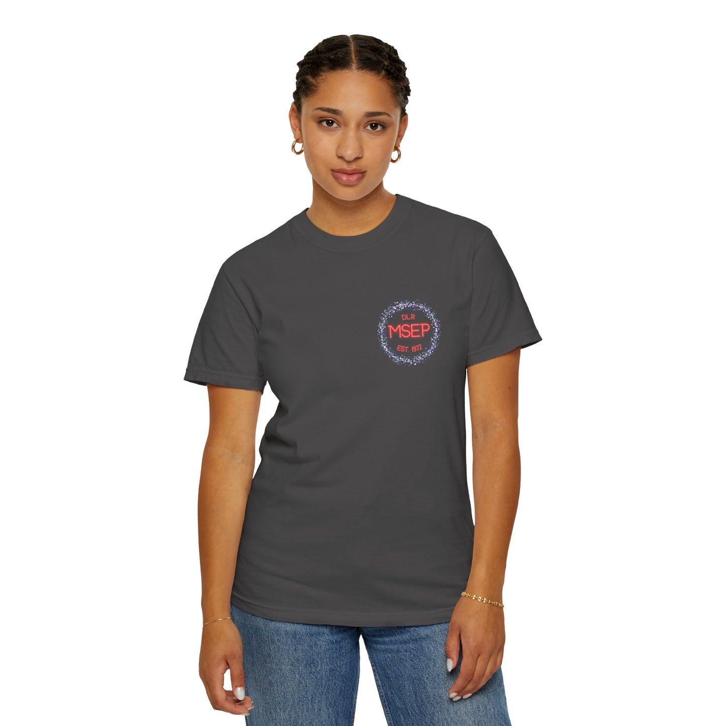 Person wearing a dark gray t-shirt with a logo on a white background