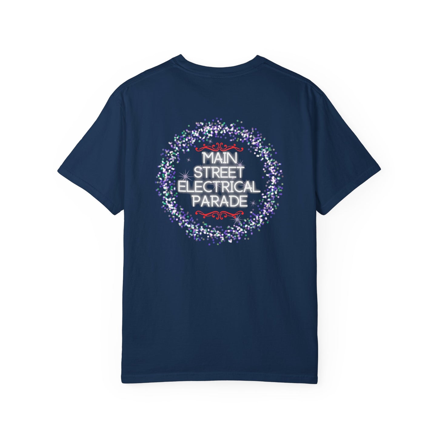 Navy blue t-shirt with 'Main Street Electrical Parade' text on a white background