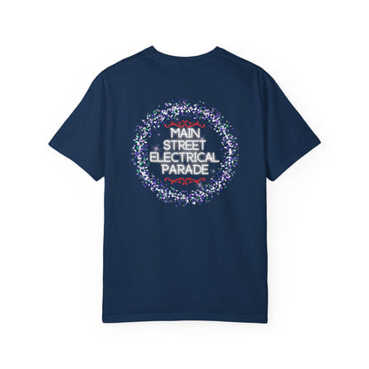 Navy blue t-shirt with 'Main Street Electrical Parade' text on a white background