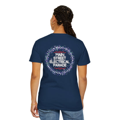 Person wearing a navy blue t-shirt with 'Main Street Electrical Parade' design on the back.