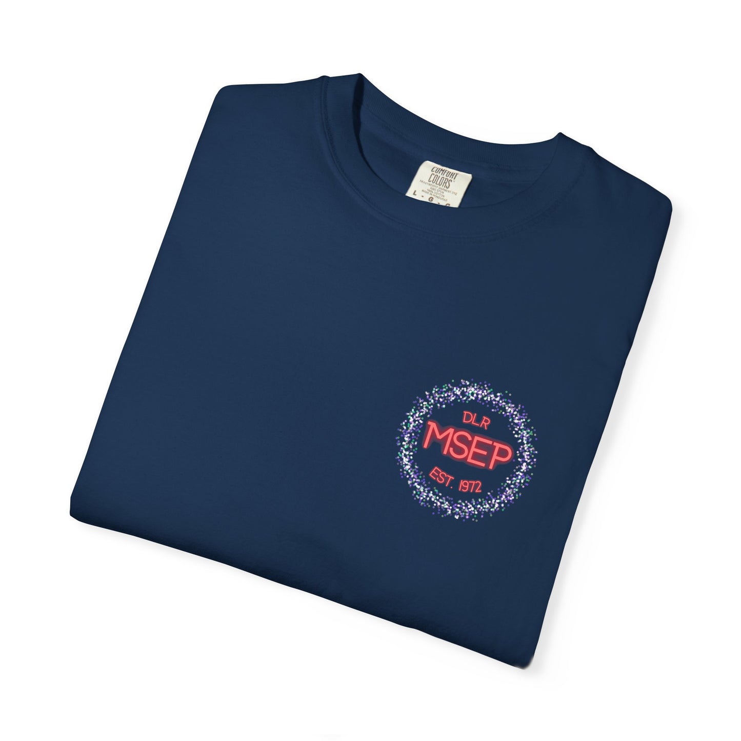 Folded navy blue t-shirt with a logo and text on a white background
