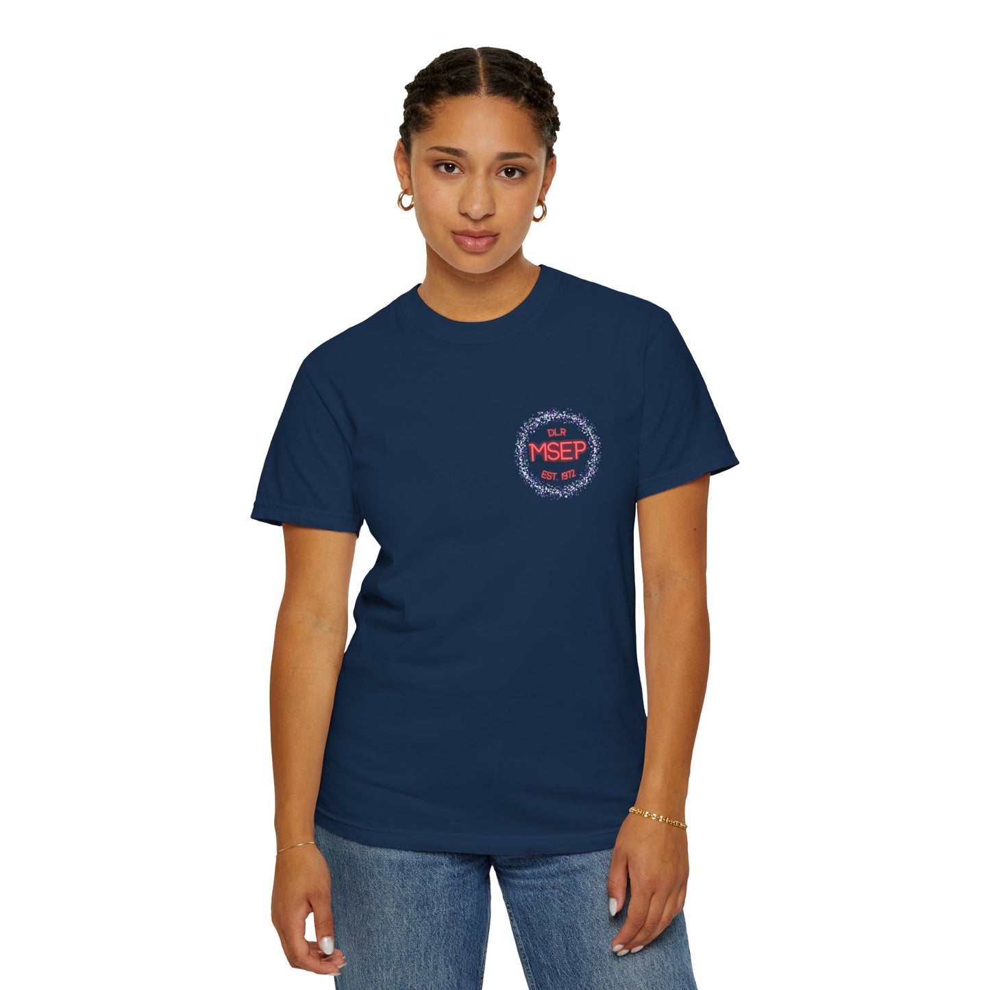 Person wearing a navy blue t-shirt with a logo on a white background