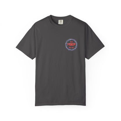 Gray t-shirt with a MSEP logo on the chest against a white background