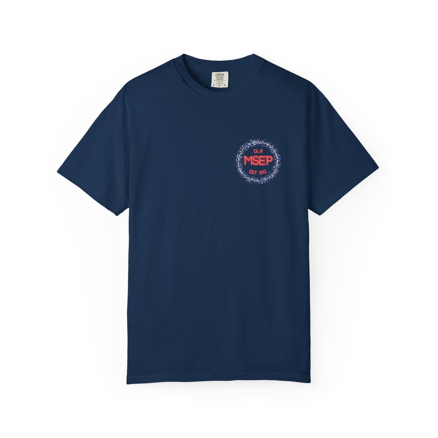 Navy blue t-shirt with a logo on a white background