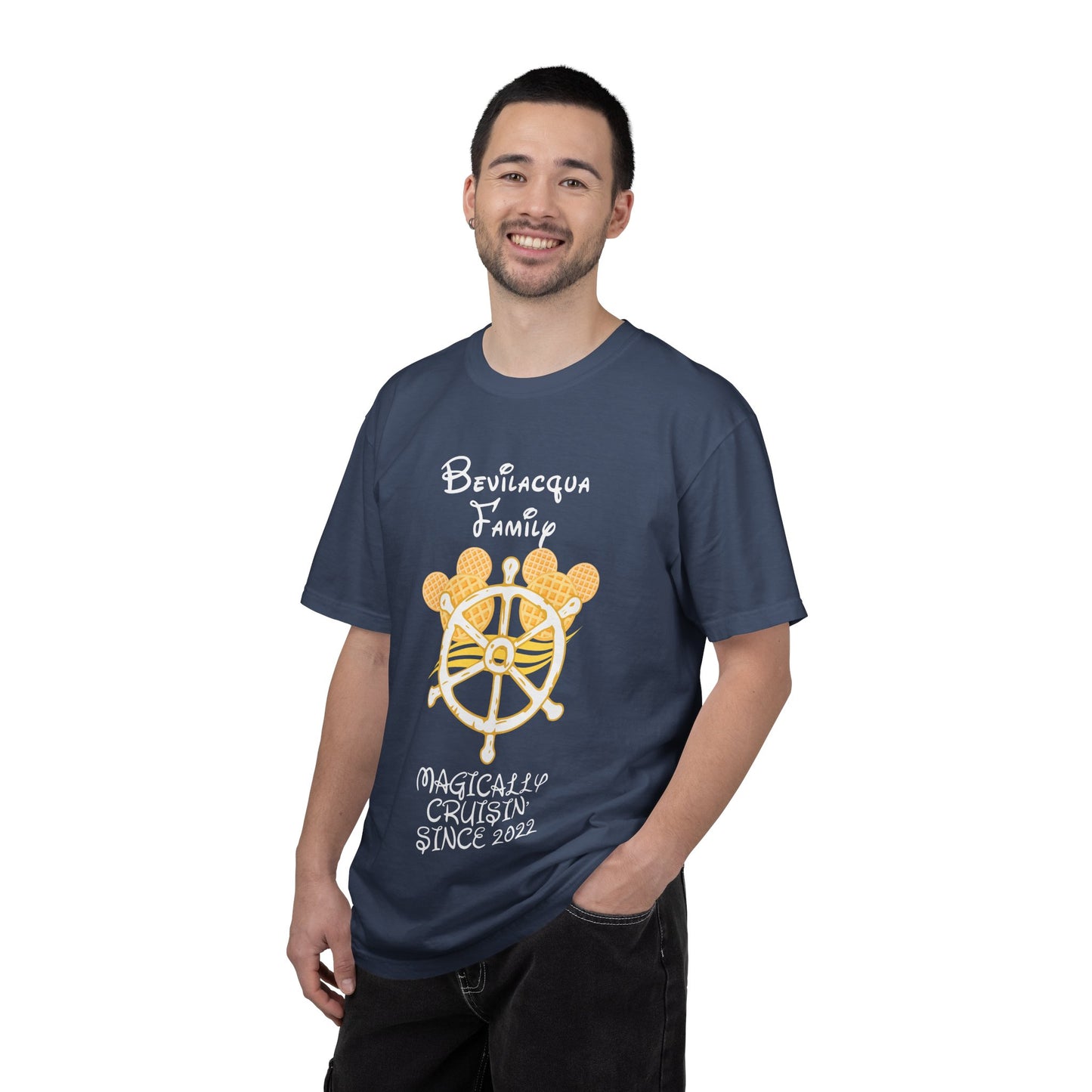 Man wearing a navy blue t-shirt with a graphic design and text on a white background