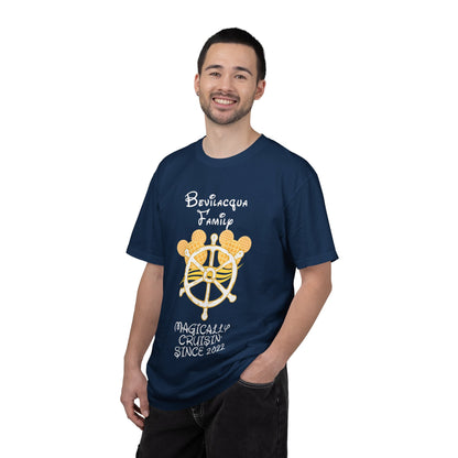 Man wearing a navy blue t-shirt with a design and text on a white background