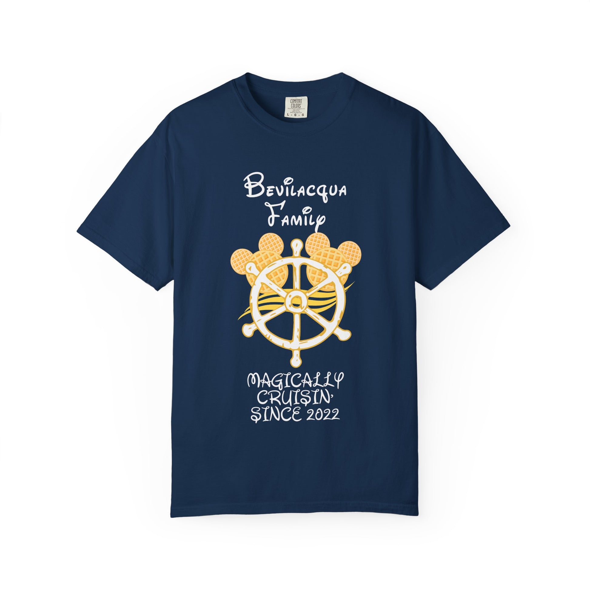 Navy blue t-shirt with a yellow ship's wheel graphic and text on a white background