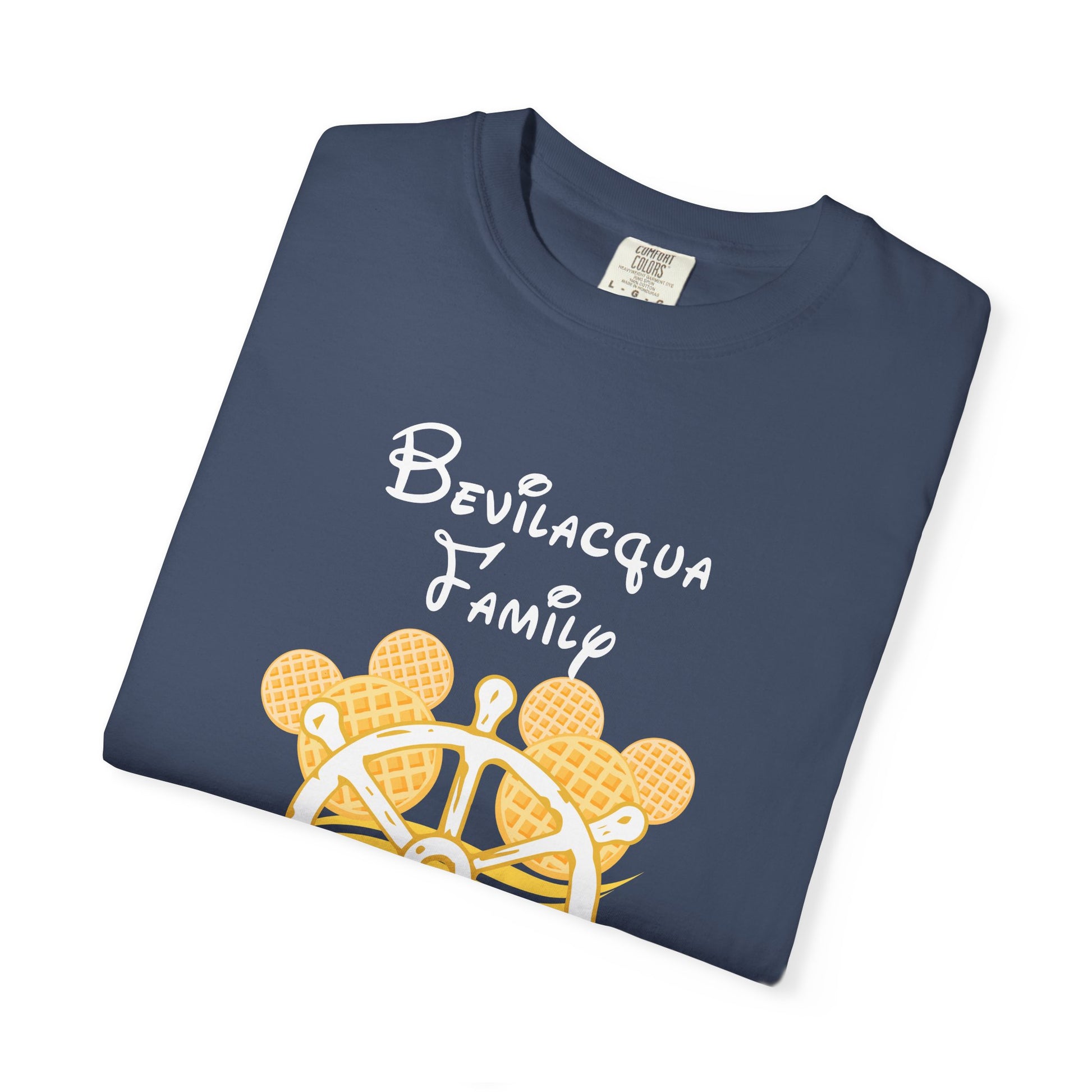 Folded navy blue t-shirt with 'Bevilacqua Family' text and paw print design on a white background