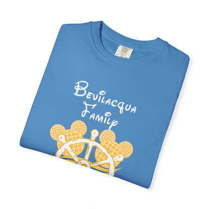 Folded blue t-shirt with 'Bevilacqua Family' text and waffle design on a white background