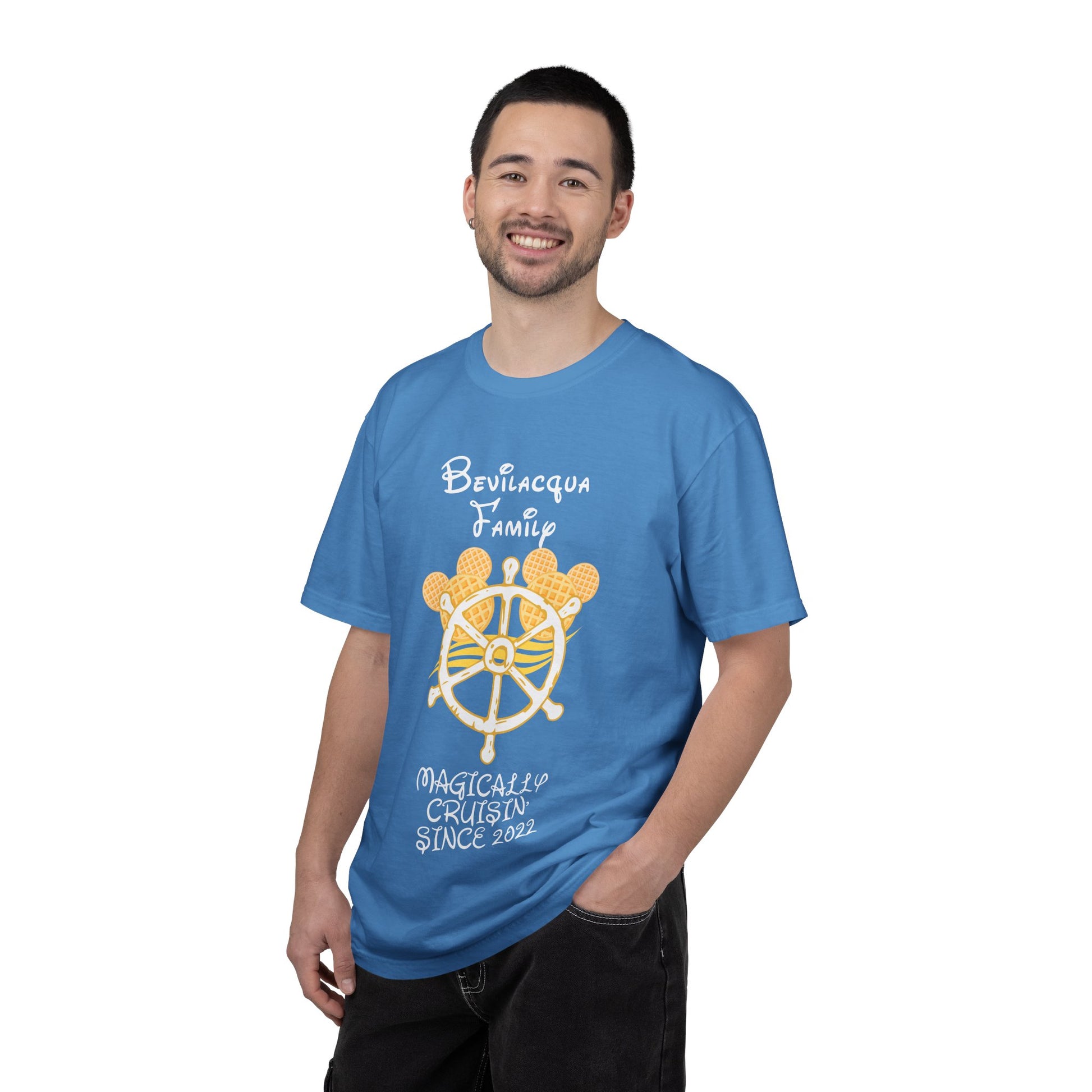 Man wearing a blue t-shirt with a graphic design and text on a white background