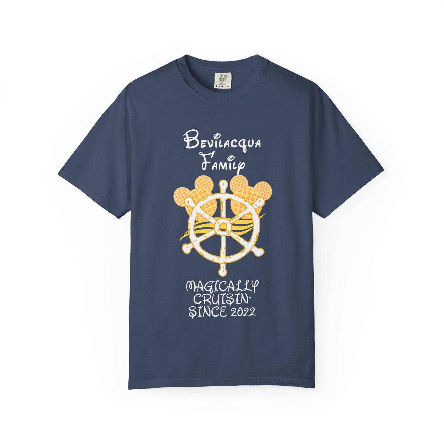 Navy blue t-shirt with a yellow ship's wheel graphic and text on a white background