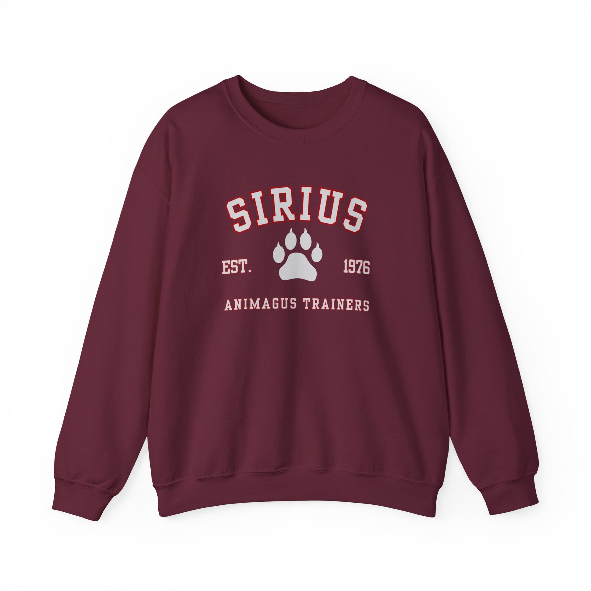 Maroon sweatshirt with 'SIRIUS' and paw print design on a white background