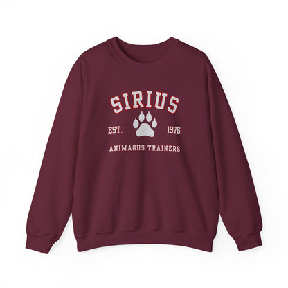 Maroon sweatshirt with 'SIRIUS' and paw print design on a white background