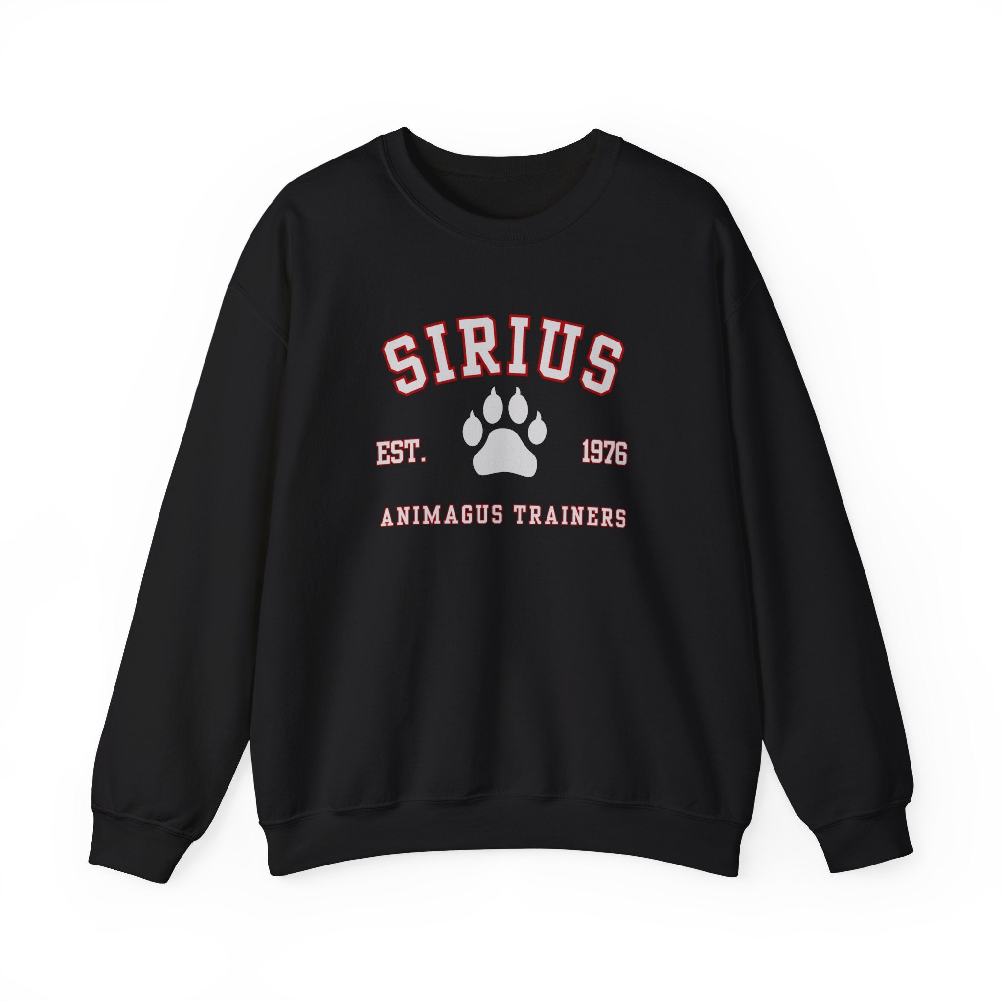 Black sweatshirt with 'SIRIUS' and paw print design on a white background