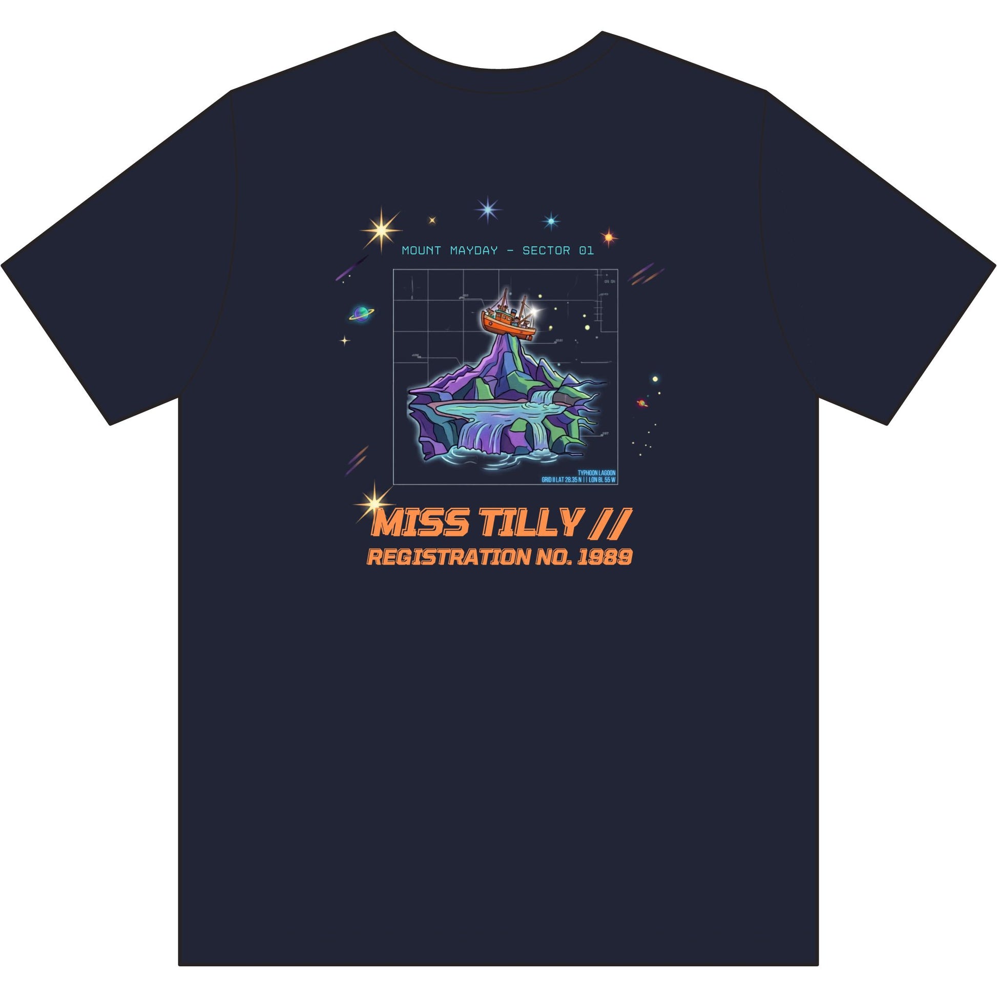Navy blue t-shirt with a colorful graphic and 'Miss Tilly' text on a white background