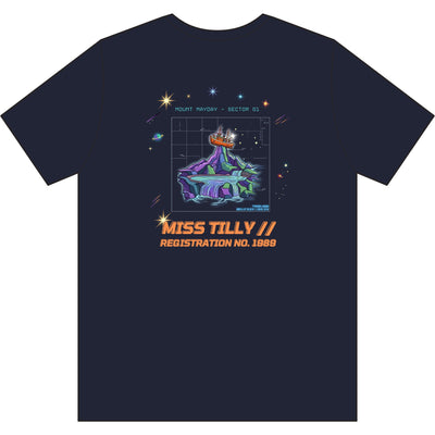 Navy blue t-shirt with a colorful graphic and 'Miss Tilly' text on a white background