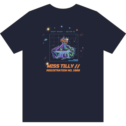 Navy blue t-shirt with a colorful graphic and 'Miss Tilly' text on a white background