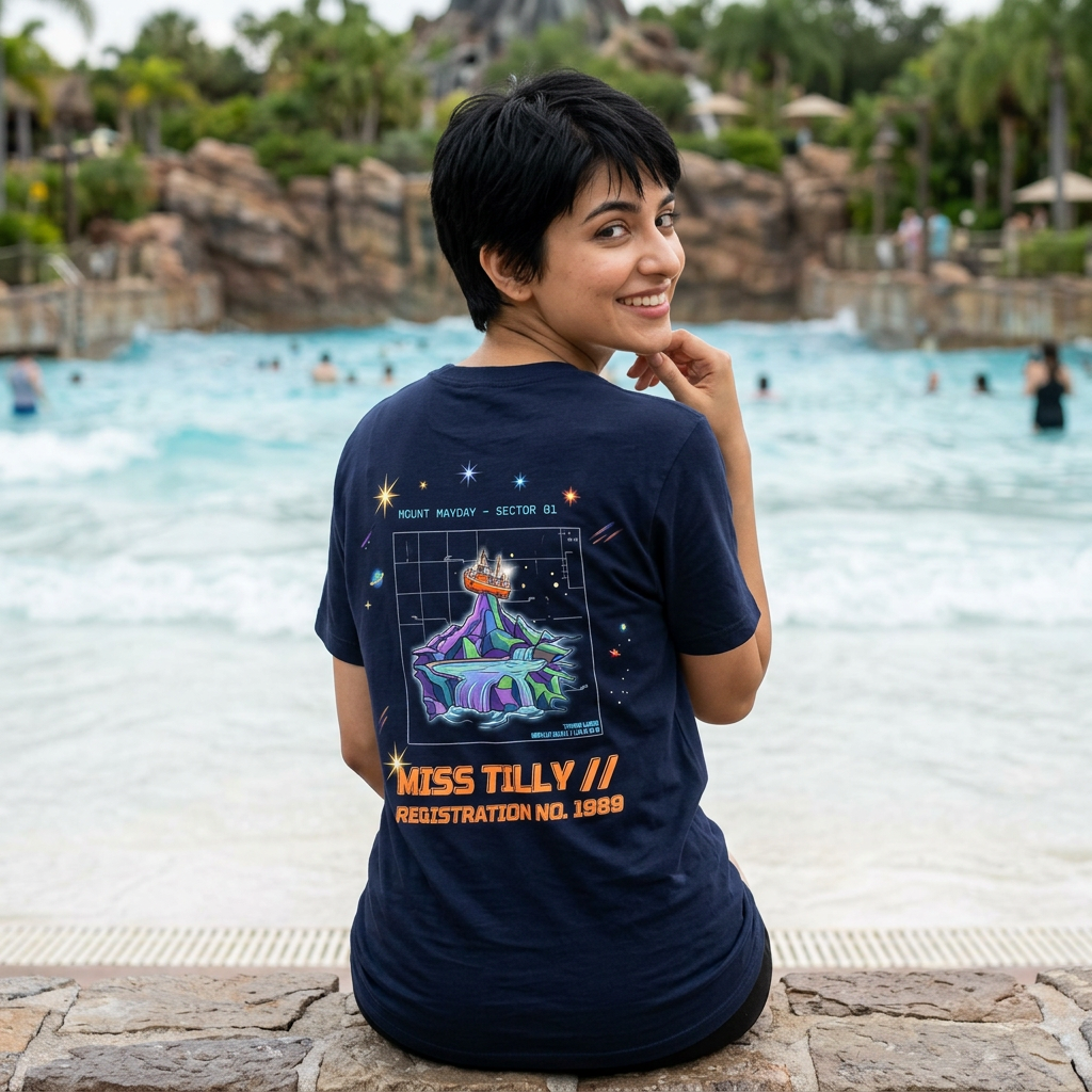 Person wearing a navy blue t-shirt with 'Miss Tilly' graphic at a water park.