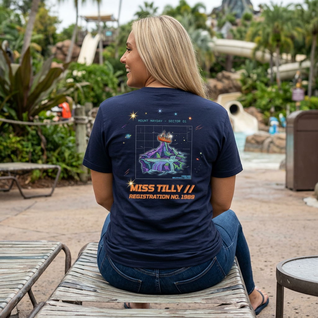 Person wearing a navy blue t-shirt with 'Miss Tilly' design sitting outdoors.