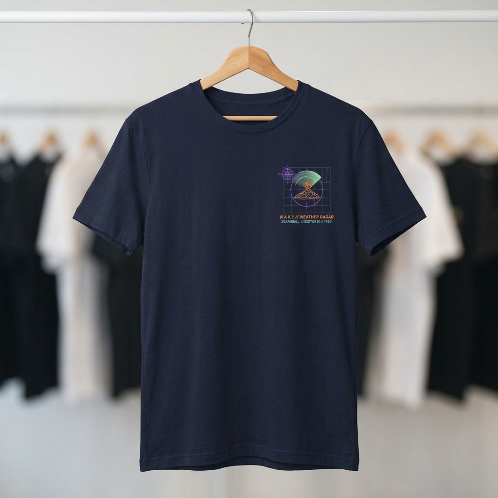 Navy blue t-shirt with a graphic design on a hanger against a blurred clothing rack background.
