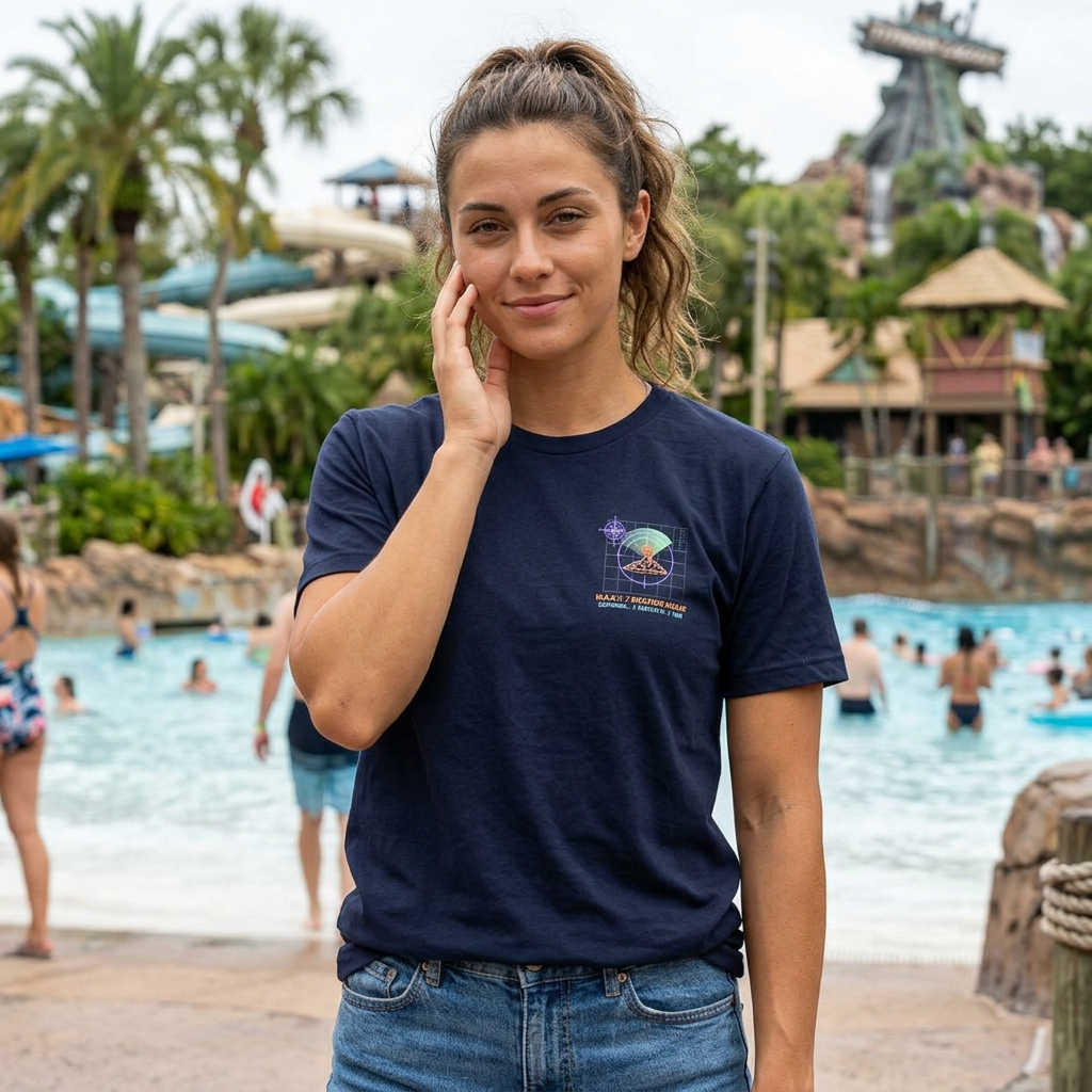 Woman wearing a navy blue t-shirt with a logo at a water park.