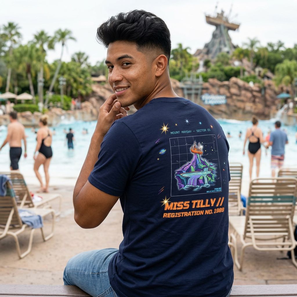 Man wearing a navy blue t-shirt with a graphic design and text, sitting by a pool area with people and chairs in the background.