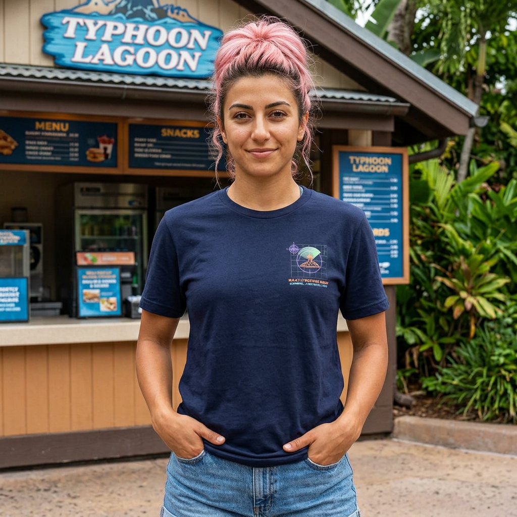 Person wearing a navy blue t-shirt with a logo in front of a Typhoon Lagoon attraction.