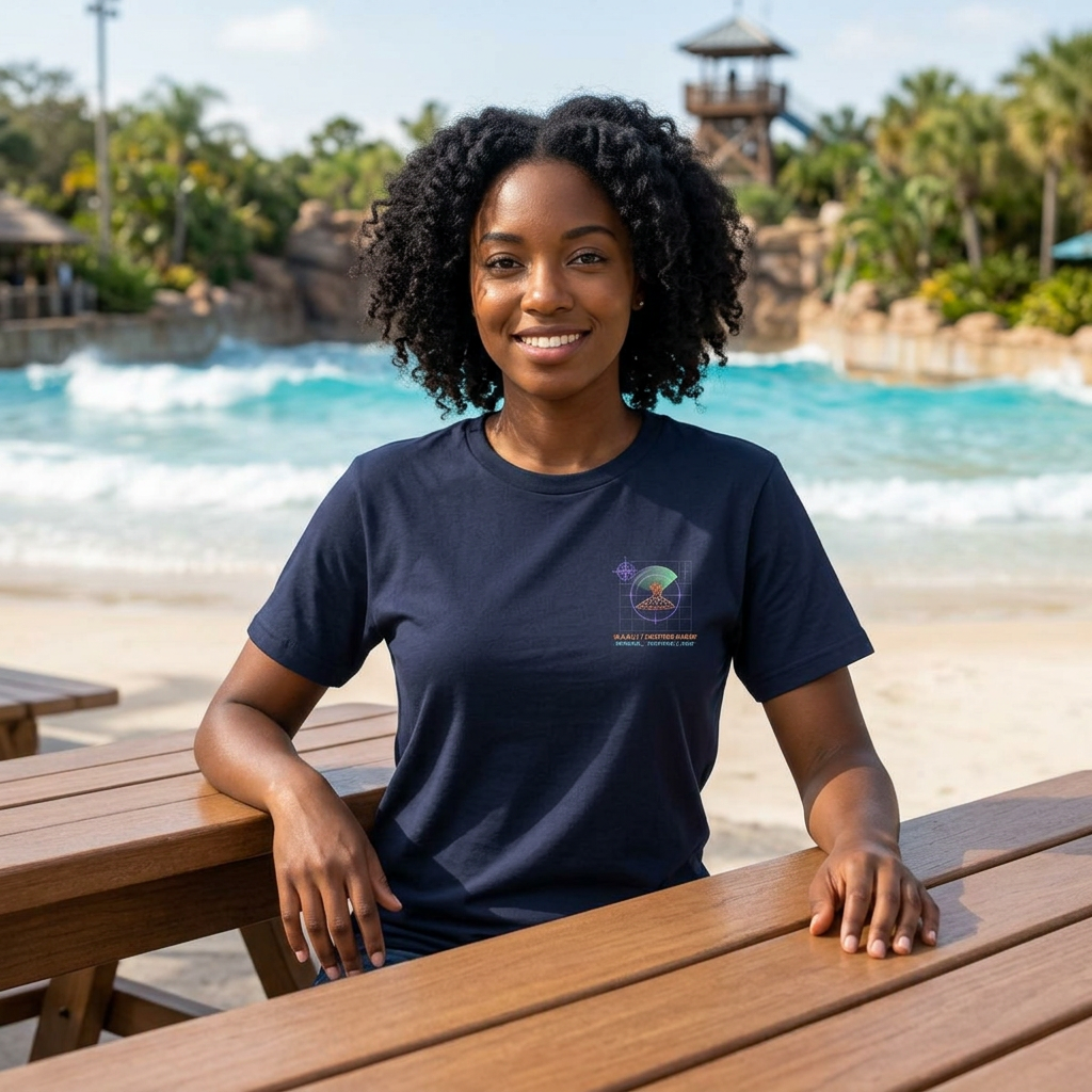 Woman wearing a navy blue t-shirt with a logo, sitting at a wooden table by a poolside.