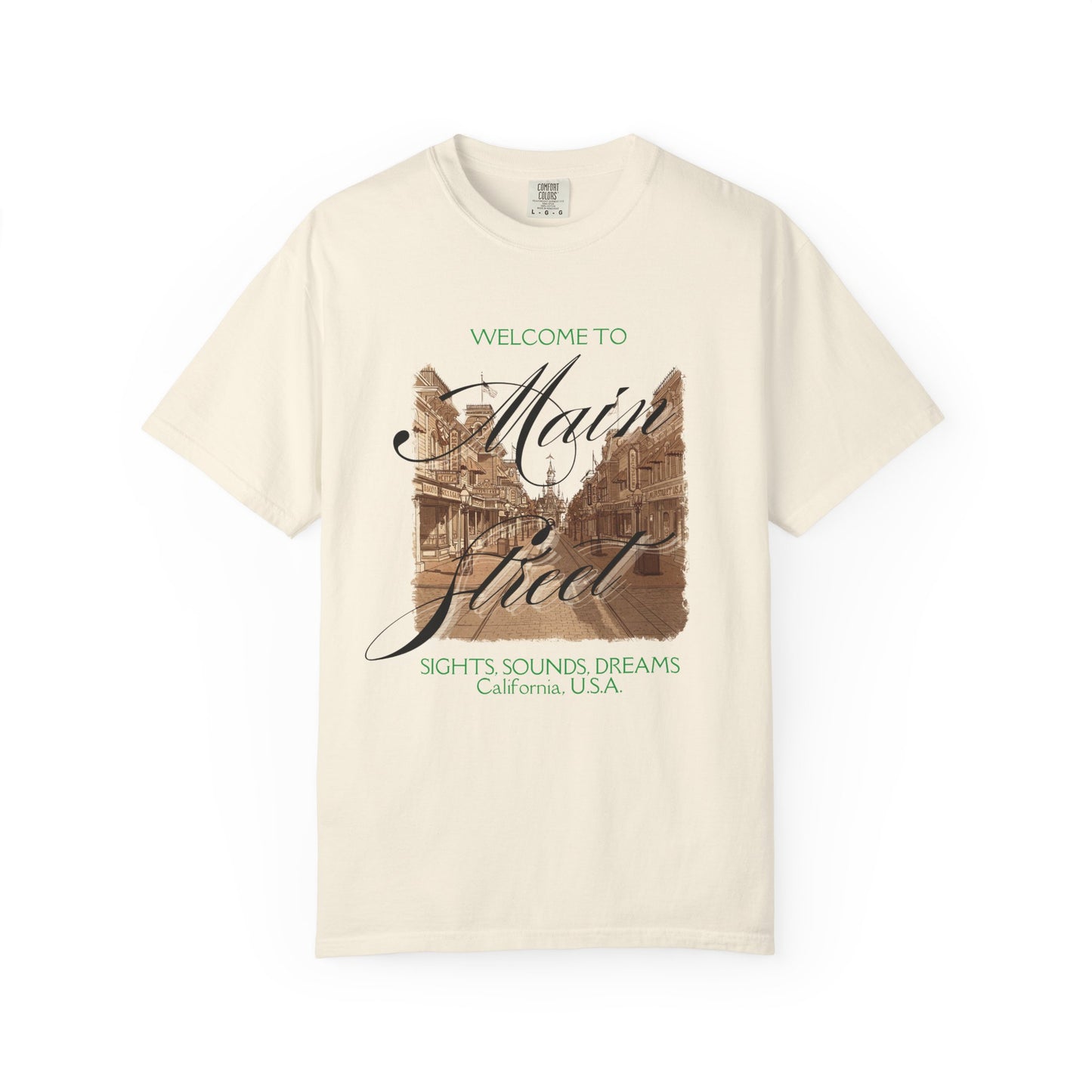 Beige t-shirt with 'Main Street' graphic and text on a white Disneyland background