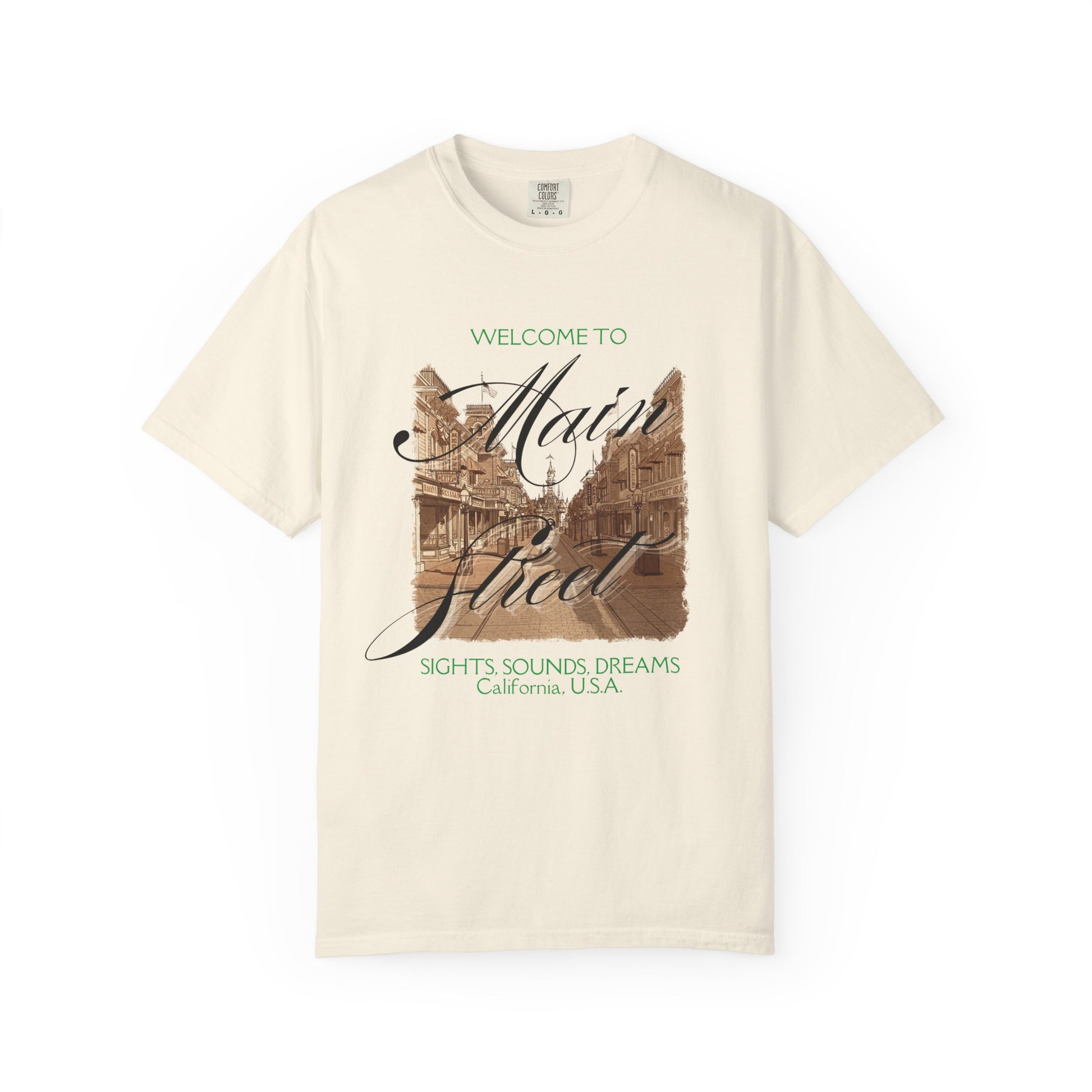 Beige t-shirt with 'Main Street' graphic and text on a white Disneyland background