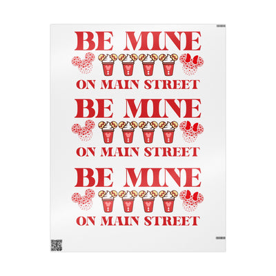 White wrapping paper with red text and graphics on a white background