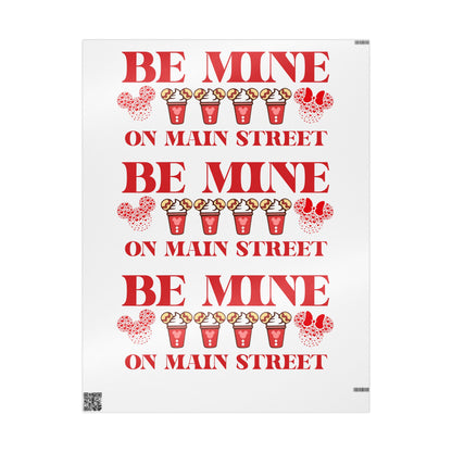 White wrapping paper with red text and graphics on a white background