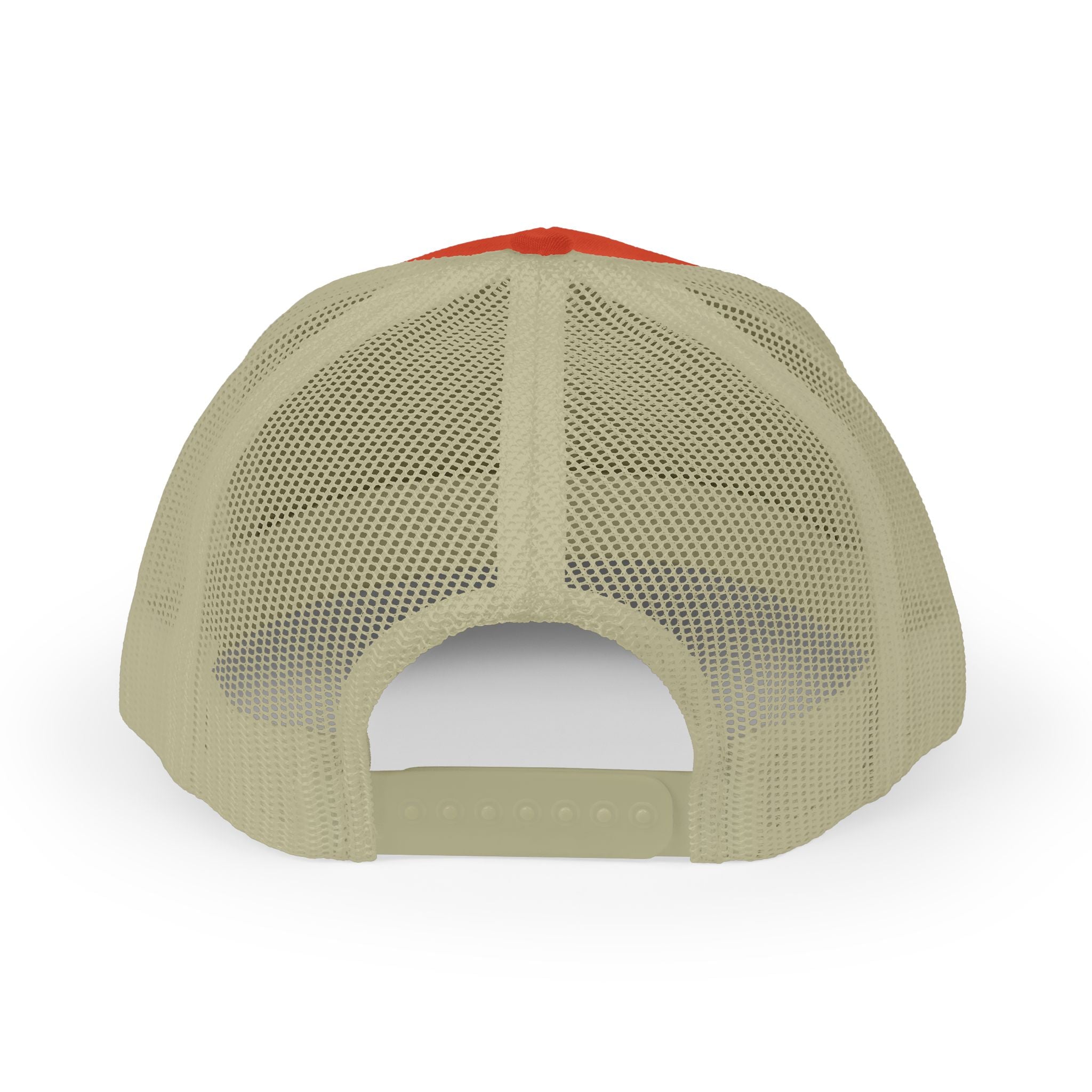 back angle of Orange and beige trucker cap with text 'OK, BUT FIRST CHURROS' on a white background