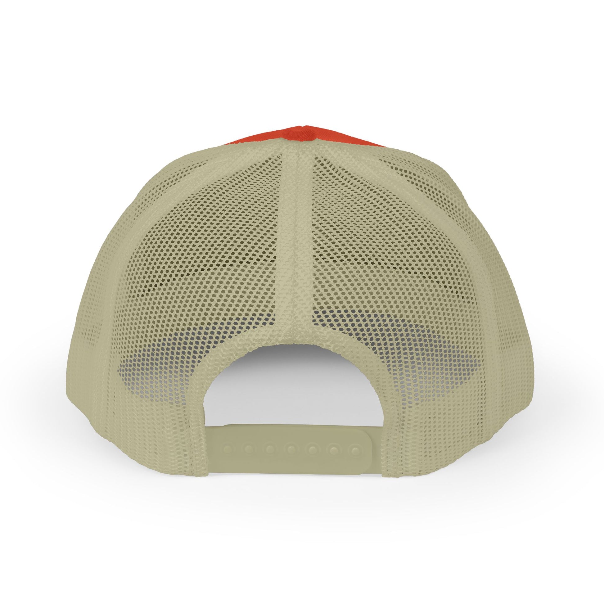 back angle of Orange and beige trucker cap with text 'OK, BUT FIRST CHURROS' on a white background