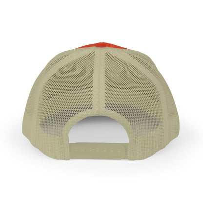 back angle of Orange and beige trucker cap with text 'OK, BUT FIRST CHURROS' on a white background