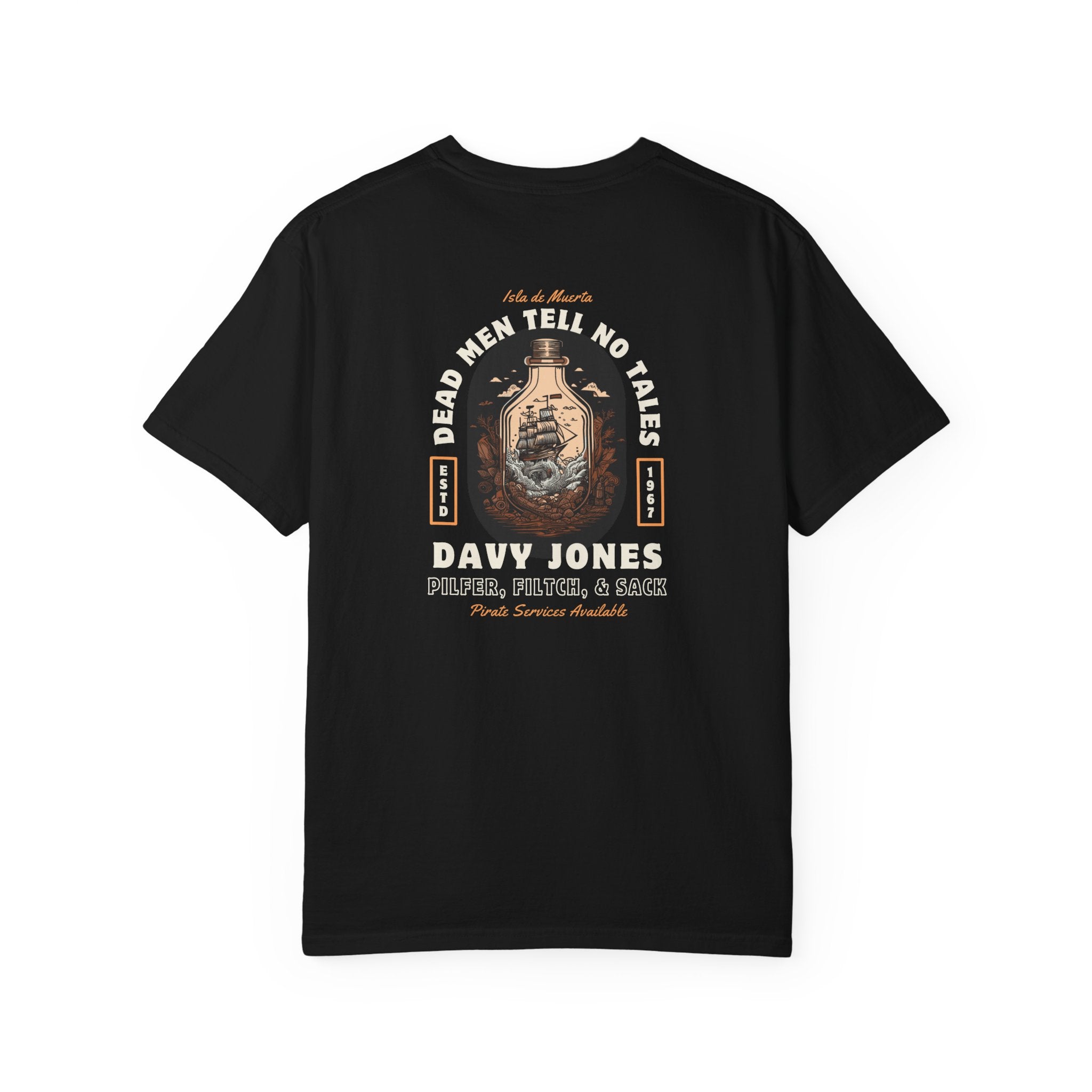 Black crew neck t-shirt with the phrase 'Dead Men Tell No Tales' and the character Davy Jones from Pirates of the Caribbean.