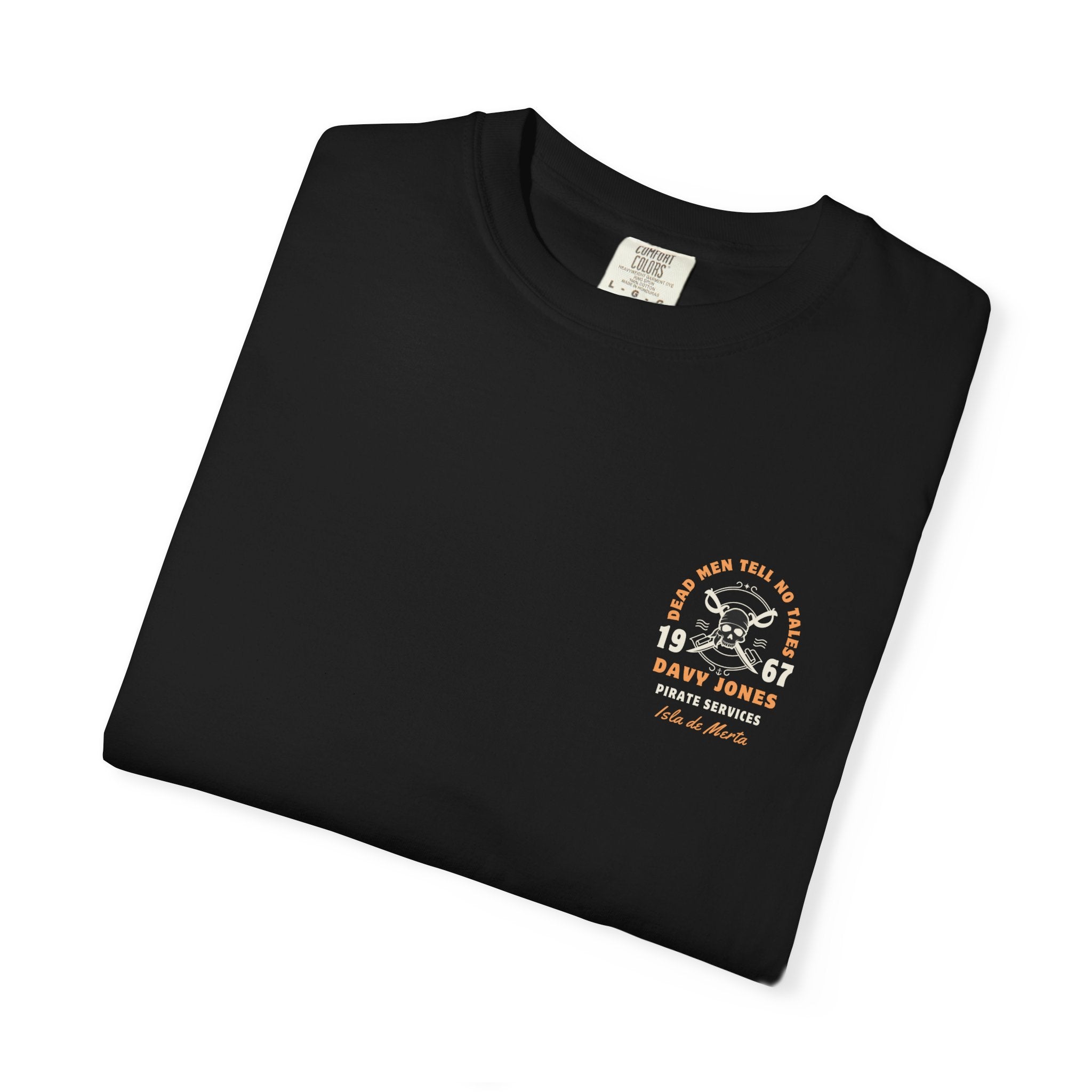 Folded black t-shirt with a graphic design on a white background