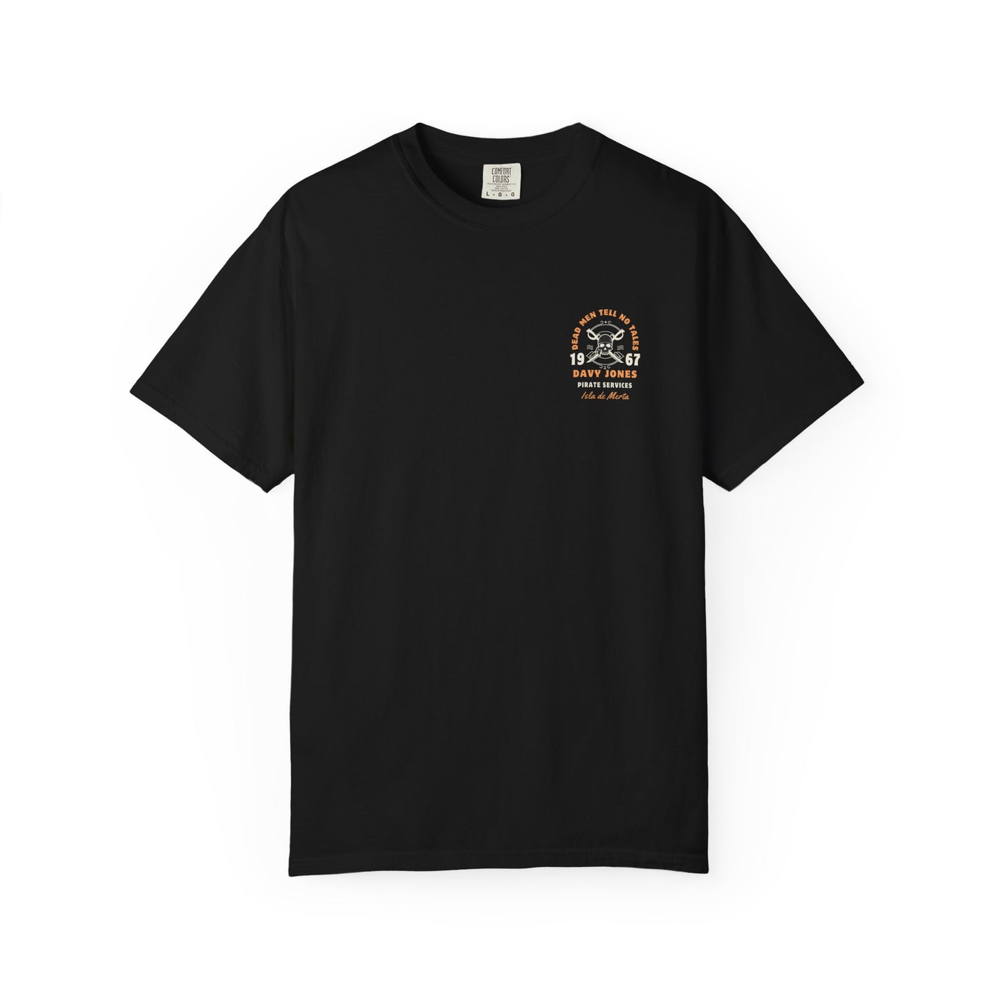 Black t-shirt with a small graphic on a white background