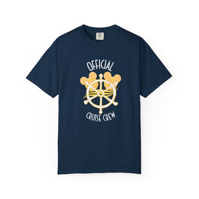 Navy blue t-shirt with 'Official Cruise Crew' design featuring a steering wheel and anchors on a white background.