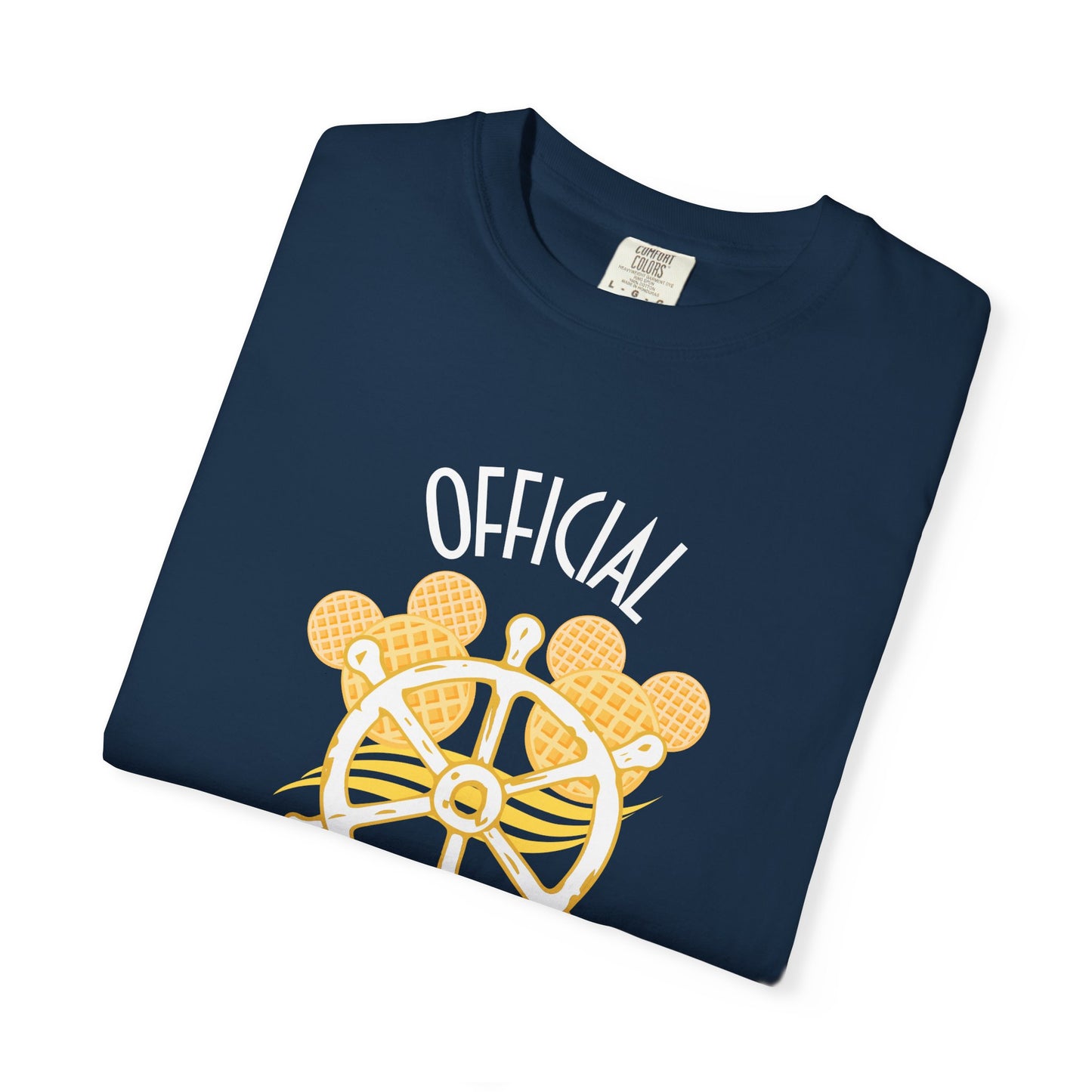 Folded navy blue t-shirt with yellow ship wheel and 'Official' text on a white background