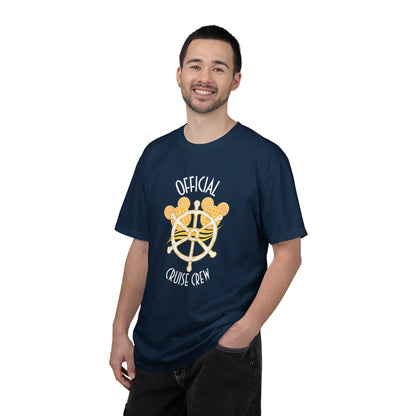 Man wearing a navy blue t-shirt with 'Official Cruise Crew' design on a white background